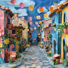Fototapeta premium Origami Paper Illustration of Zimapán Street with Festive Decorations