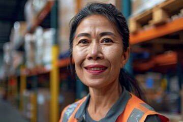 Portrait of a smiling middle aged female warehouse worker