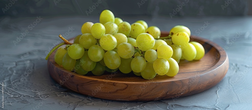 Poster isolated on a grey backdrop a wooden plate displays a cluster of green seedless grapes offering ampl
