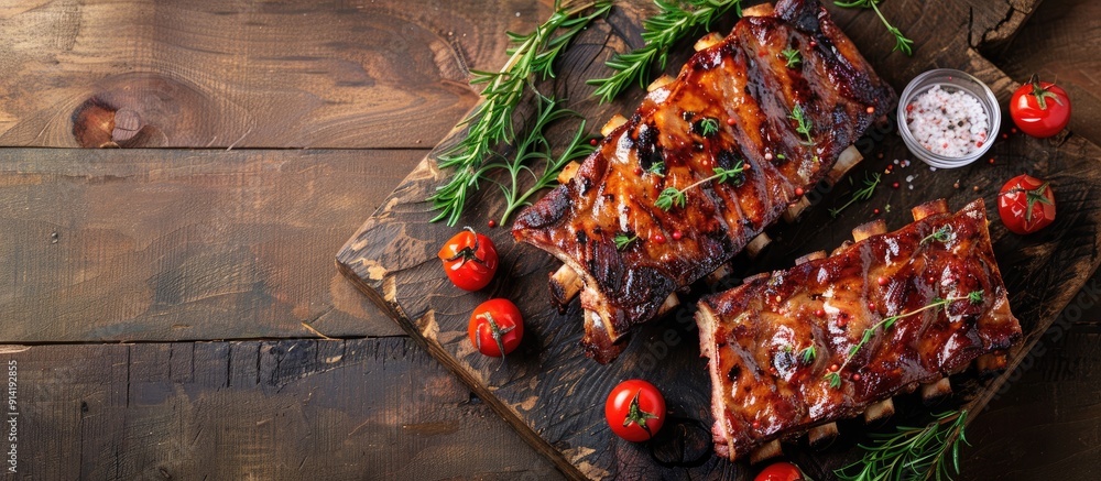 Poster delicious grilled pork ribs on a rustic table with copy space image in top view