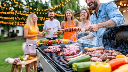 Obraz premium Summer BBQ with Friends: Grilling Delicious Meats and Vegetables in the Backyard Under Twinkling Lights