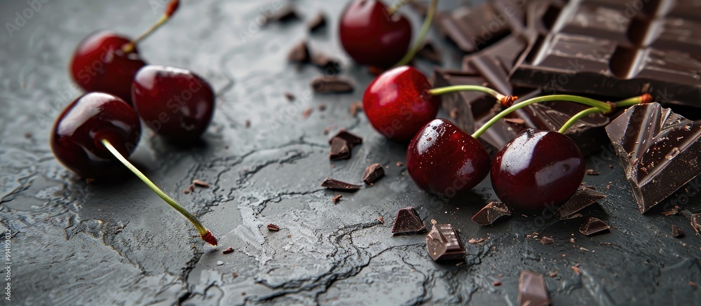 Sticker Close up of fresh cherries paired with dark chocolate on a textured grey table with room for text beside the image. Copy space image. Place for adding text and design