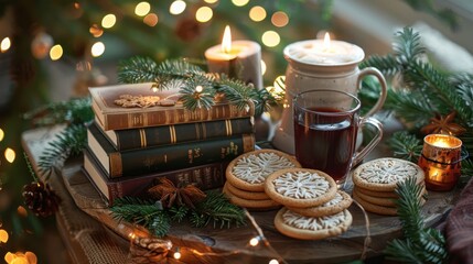 Intimate close-up of a festive coffee table with a stack of Christmas books, a tray of cookies, and mugs of mulled wine, surrounded by festive greenery and softly glowing candles. 