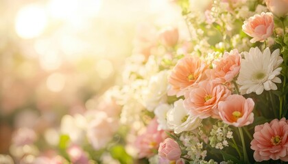 Obraz premium Soft, delicate pink and white flowers bloom in the warm sunlight.
