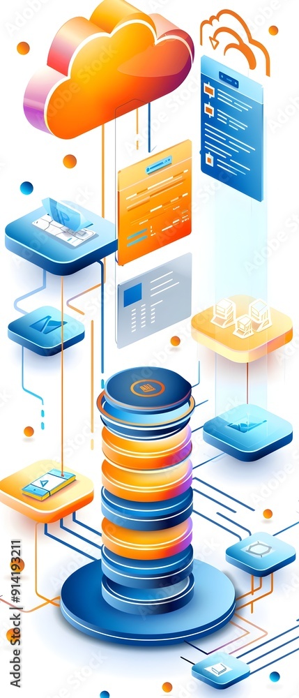 Poster cloud computing illustration with servers and data connections.
