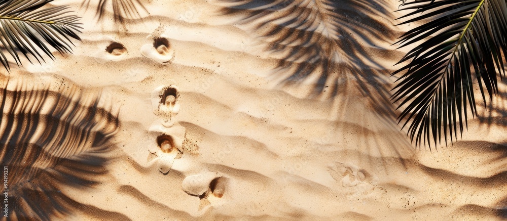Poster beach sand with imprinted footprints palm leaf shadows creating a sand texture background for your c