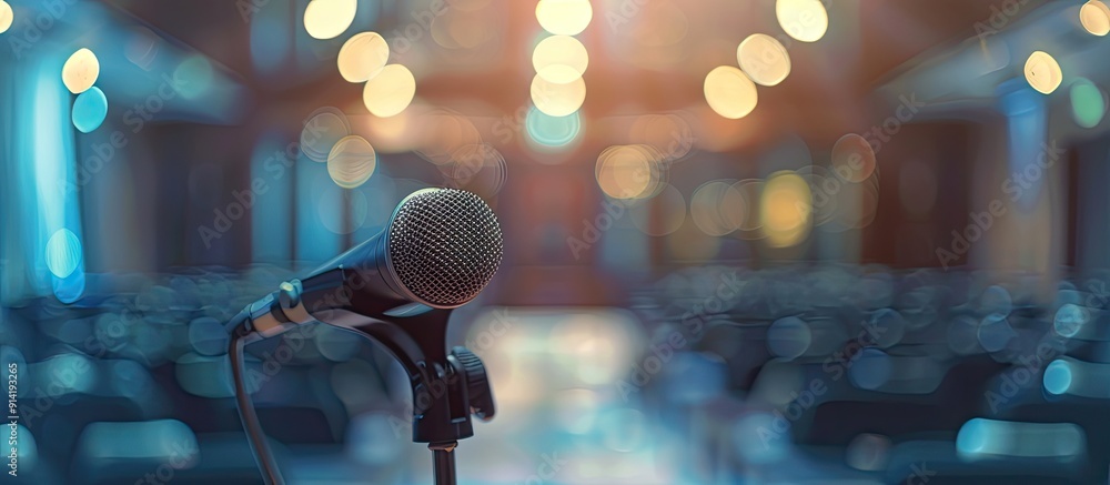 Poster abstract blurred background with a microphone in a conference hall or seminar room ideal for utilizi