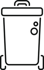 Simple black and white illustration of a garbage bin on wheels, symbolizing waste disposal and recycling