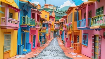 Fototapeta premium Origami Paper Town of Colonial Street in Guatape, Colombia