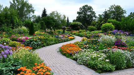 Obraz premium A wide-angle view of a sprawling flower garden, showcasing a mix of seasonal blooms and ornamental plants 
