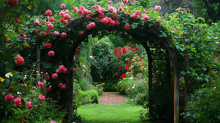 Fototapeta premium An arched trellis covered with climbing roses, set in a charming garden filled with various flowering plants 