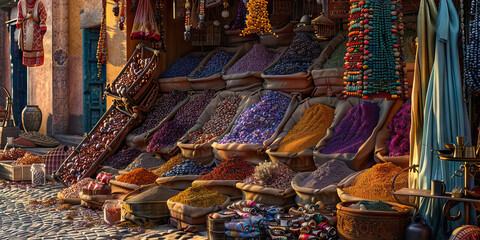 Silk Road Trade: A vibrant marketplace, bustling with merchants selling spices, teas, and precious stones.