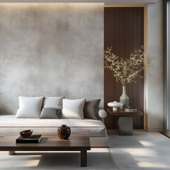 Aesthetic elegant minimalist japandi interior design. Clear mock up empty wall for decoration. Copy space. Neutral palette of natural colors.