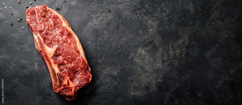 Poster top view of a dry aged wagyu ribeye steak on a dark background with ample copy space image