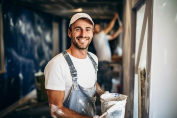Portrait of a young smiling house painter refurbishing