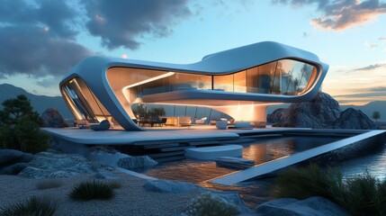 Sleek modern house 3D rendering with a futuristic design and panoramic windows.