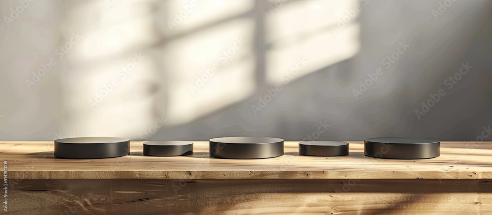 Poster various podiums set up on a wooden table for photographing products with a copy space image