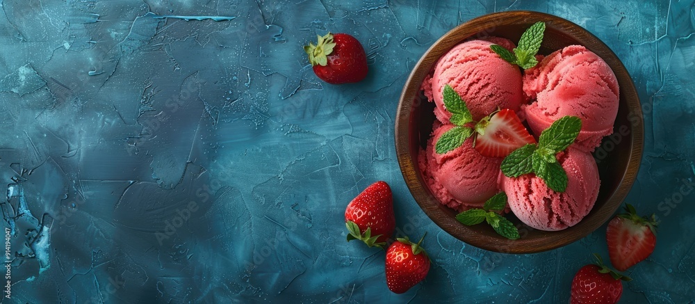 Poster top view of sorbet ice cream in a wooden bowl displayed on a blue textured backdrop garnished with s