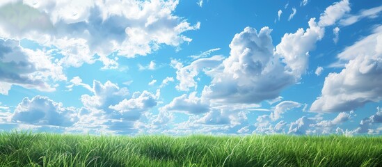 Fototapeta premium A scenic green landscape under a sky full of fluffy clouds ideal for a copy space image