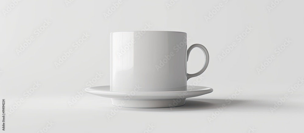 Poster white ceramic mug with saucer displayed against a blank background for a copy space image