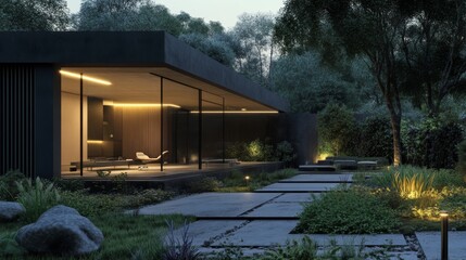 Sleek, modern house 3D rendering with a minimalist garden and elegant outdoor lighting.