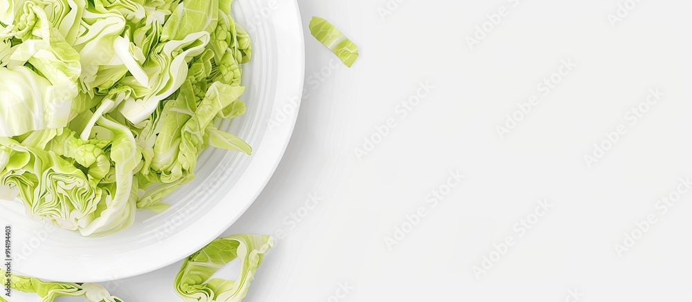 Poster close up of sliced cabbage on a white plate with an isolated white background for a copy space image