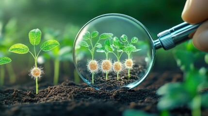 Close-up of a genetically modified seed under a magnifying glass