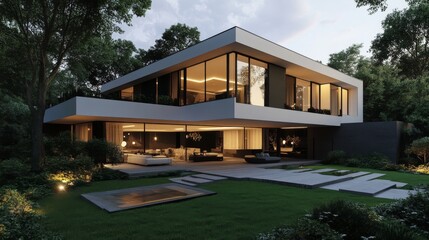 Fototapeta premium Sleek, modern house 3D rendering with a minimalist garden and elegant outdoor lighting.