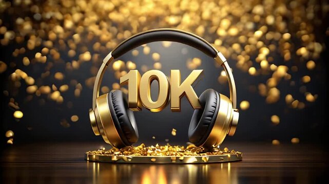 10k followers gold text with headphones on blurred glitter background. Music social media concept	