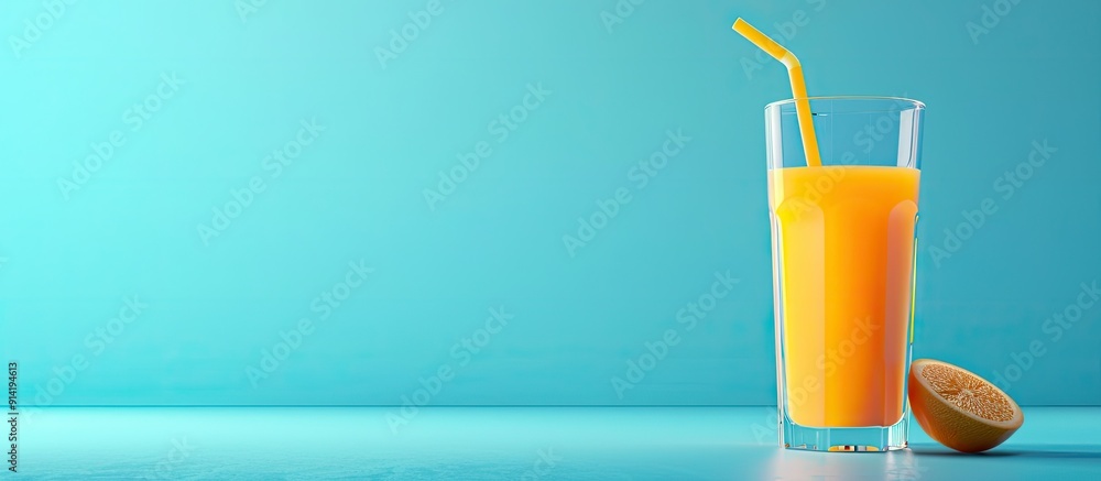 Poster orange juice in a glass container with a straw set on a blue table with copy space image