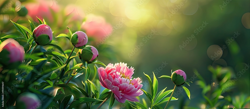 Poster a vibrant shot showcasing pink peonies in full bloom with peony buds set against a lush green backdr