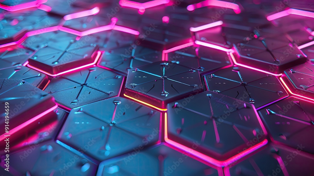 Poster abstract hexagonal pattern with vibrant neon colors and reflections, perfect for backgrounds or tech