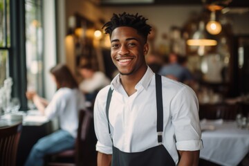 Obraz premium Portrait of a smiling young waiter at bar