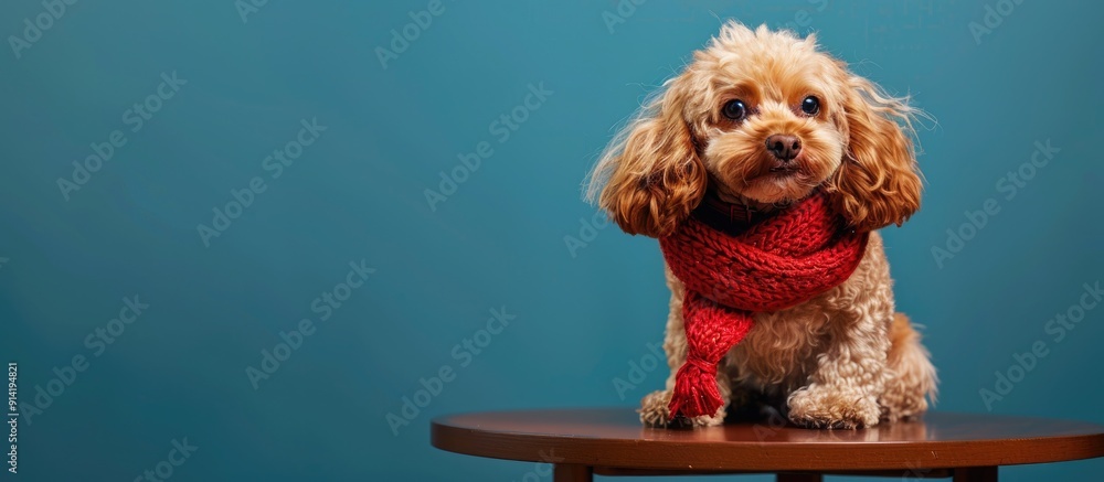 Poster cocker spaniel mixed with poodle sitting on a brown table with a blue background donning a red scarf