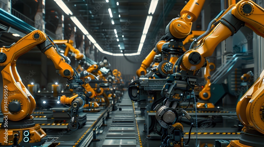 Poster a robot is working on a car in a factory. the robot is orange and has a yellow head