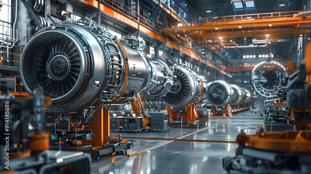Poster a modern aircraft factory where human engineers and robots work together to build advanced aircraft 