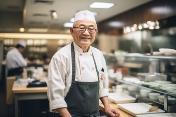 Smiling portrait of a senior male sushi chef in kitchen