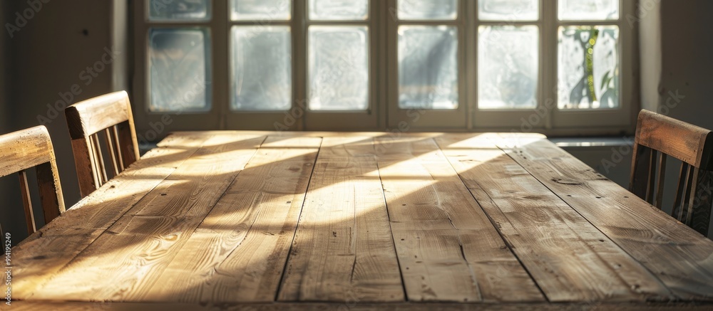 Poster a wooden table set against a wall with soft window lighting creating subtle shadows perfect for a se