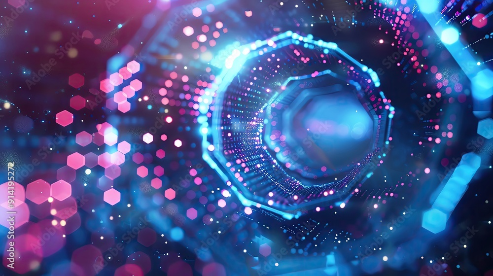 Poster a vibrant, abstract representation of a digital tunnel with colorful lights and hexagonal patterns, 