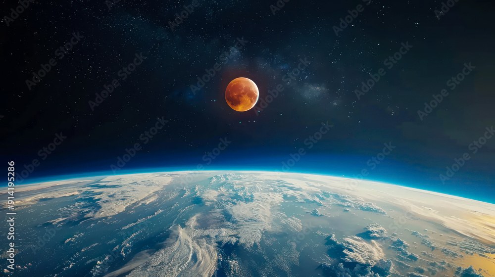 Wall mural spectacular lunar eclipse. astronomical phenomenon. moon with shadow in outer space illustration. mo