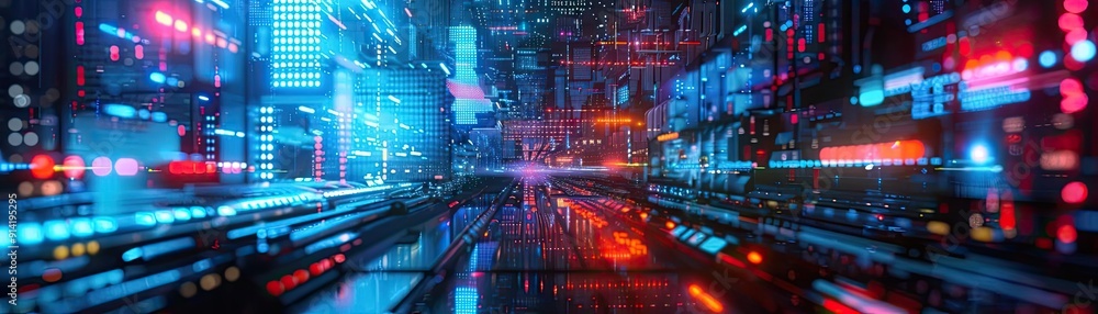 Poster futuristic digital landscape with vibrant neon lights and dynamic patterns, ideal for technology and
