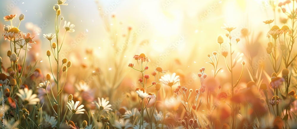 Poster Summer floral background with wild flowers and sunlight ideal for a copy space image