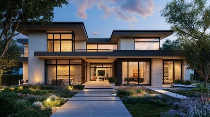 Stylish modern house 3D rendering with a flat roof and elegant outdoor living space.