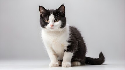 Cute standing black and white cat isolated on a white backgrounds.