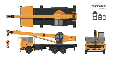Truck crane industrial blueprint. Side, top and front views. Hydraulic equipment drawing. Isolated loader car in realistic style. 3d orange vehicle. Building lorry