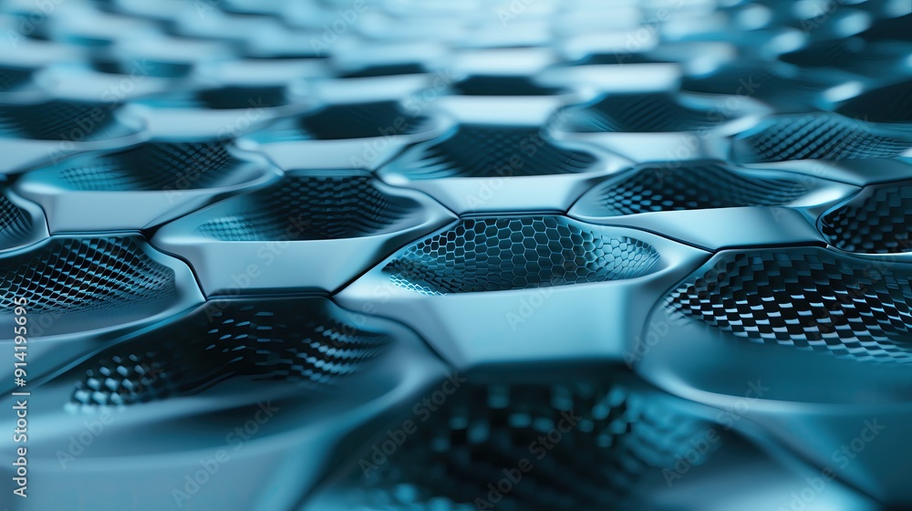 Poster close-up of a textured surface featuring hexagonal patterns, showcasing intricate details and a futu