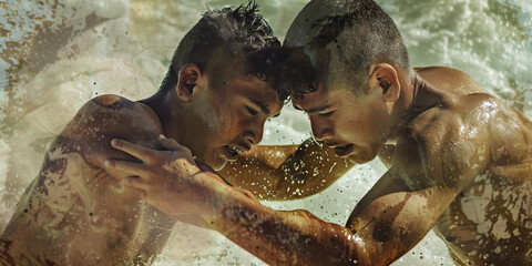 Wrestling Rites: Two young men, wearing only loincloths, engaged in a ritualistic wrestling match, as part of a coming-of-age ceremony.