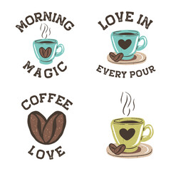 Coffee cups with beans and hearts with inspirational quotes set isolated on white background