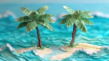 Origami Paper Illustration of Caribbean Paradise Island

