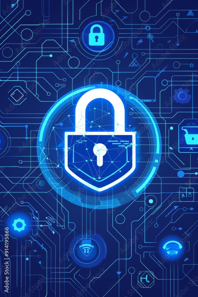 Poster digital cybersecurity and data privacy with lock icon. protection of information in global network.
